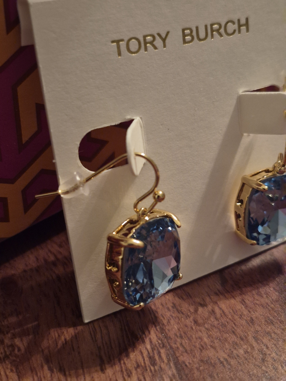 Tory Burch Gold-Plated Blue Crystal Drop Earrings - Picture 2 of 7